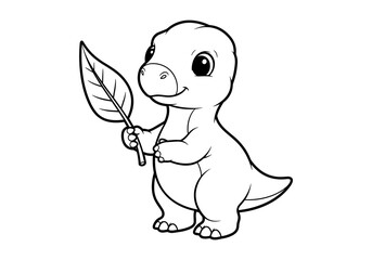 Cute dinosaur holding leaf in adorable cartoon style line art