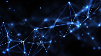 Abstract Digital Network Visualization With Glowing Blue Dots and Lines Against Black Background