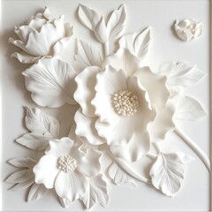Three-dimensional white flower relief sculpture on a square background