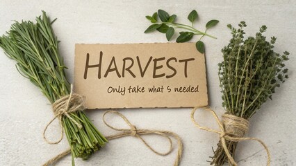 Fresh herbs and green plants arranged with rustic tag, encouraging sustainable harvesting and mindful consumption practices