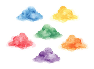 Colorful watercolor clouds skyscape, mist, and vapor shapes. Whimsical hand-painted children’s art illustration perfect for weather related themes
