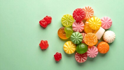 Colorful assortment of candies and gummies on a mint-green background, arranged in a cluster with scattered pieces