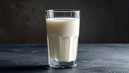 Faceted clear glass filled with milk on dark marbled surface, softly lit against moody background—symbolizing purity, nourishment, and minimalist elegance in everyday domestic rituals.