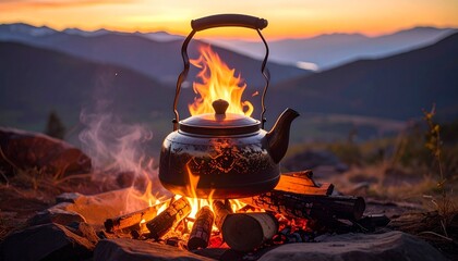 Metal kettle heating over open campfire in mountainous sunset setting—flames flicker beneath, sky glows above, symbolizing warmth, solitude, and the ritual of tea in nature’s embrace.