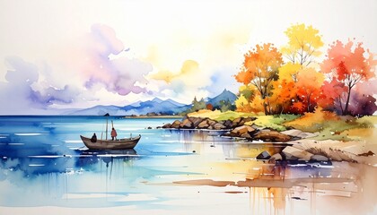 Watercolor painting of serene lake surrounded by autumn trees and distant mountains—reflections ripple under warm sky of orange, pink, and yellow, evoking seasonal change and tranquil beauty.