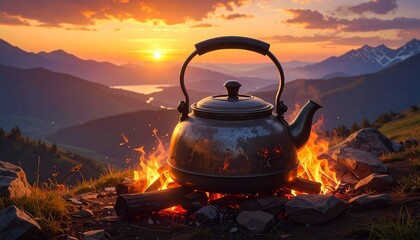 Metal kettle heating over open campfire in mountainous sunset setting—flames flicker beneath, sky glows above, symbolizing warmth, solitude, and the ritual of tea in nature’s embrace.