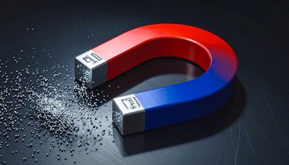 U-shaped horseshoe magnet with red and blue poles labeled “N” and “S,” surrounded by clustered iron filings—symbolizing magnetic force, polarity, and the invisible structure of attraction.