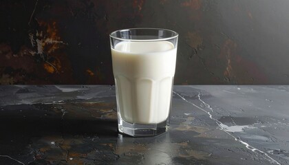 Faceted clear glass filled with milk on dark marbled surface, softly lit against moody background—symbolizing purity, nourishment, and minimalist elegance in everyday domestic rituals.