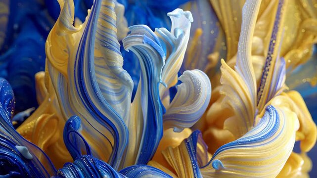 Abstract Fluid Art - Swirling Blue and Gold Paint Explosion.