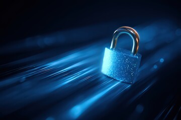 Close Up of Security Padlock on Fiber Optic Cables Against a Dark Background in Blue Lighting Data Protection Concept