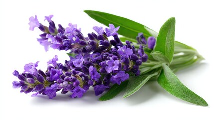 Closeup of Lavender Flowers with Green Leaves on White Background in Soft Lighting, Purple Floral Aroma Beauty Concept Studio Shot Detailed