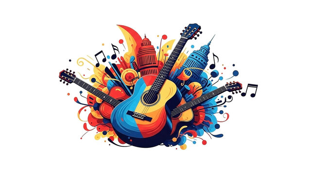 Vibrant Musical Cityscape Illustration with Guitars and Energetic Abstract Elements for Art