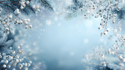 Nordic-inspired winter background, frosty pine branches and white berries along the corners, cool blue and silver palette, soft falling snow, serene and calm mood