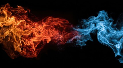 Dynamic Composition of Orange and Blue Particle Streams on Black Background, Creating Abstract Formations and Suggesting Opposing Forces, Smooth Transition, High Contrast