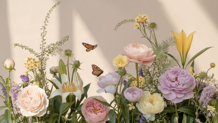 Beautiful spring bouquet of pink and yellow flowers blooming in the green grass of the garden