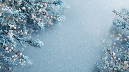 Nordic-inspired winter background, frosty pine branches and white berries along the corners, cool blue and silver palette, soft falling snow, serene and calm mood