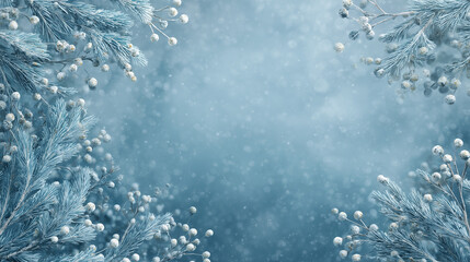 Nordic-inspired winter background, frosty pine branches and white berries along the corners, cool blue and silver palette, soft falling snow, serene and calm mood