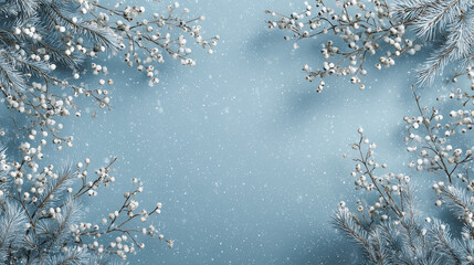 Nordic-inspired winter background, frosty pine branches and white berries along the corners, cool blue and silver palette, soft falling snow, serene and calm mood