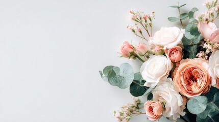 Floral Arrangement of Roses and Eucalyptus Leaves on a Light Blue Background