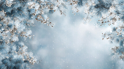 Nordic-inspired winter background, frosty pine branches and white berries along the corners, cool blue and silver palette, soft falling snow, serene and calm mood
