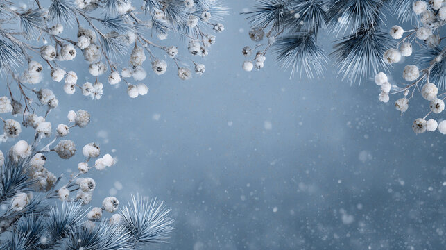 Nordic-inspired winter background, frosty pine branches and white berries along the corners, cool blue and silver palette, soft falling snow, serene and calm mood