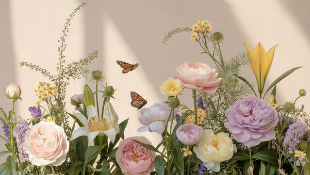 Beautiful spring bouquet of pink and yellow flowers blooming in the green grass of the garden - Powered by Adobe