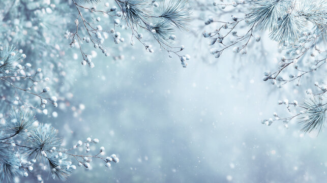 Nordic-inspired winter background, frosty pine branches and white berries along the corners, cool blue and silver palette, soft falling snow, serene and calm mood