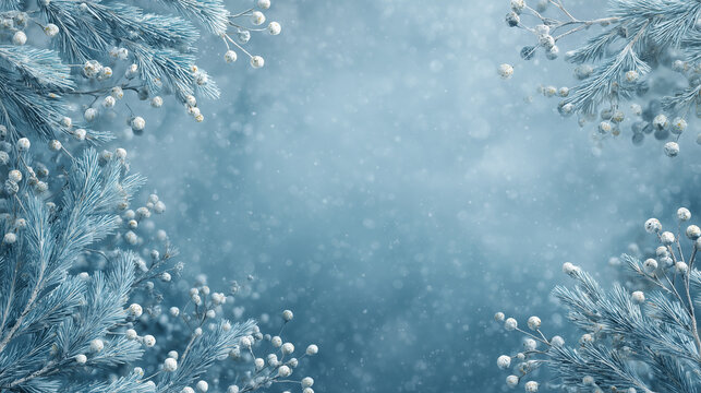 Nordic-inspired winter background, frosty pine branches and white berries along the corners, cool blue and silver palette, soft falling snow, serene and calm mood