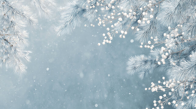 Nordic-inspired winter background, frosty pine branches and white berries along the corners, cool blue and silver palette, soft falling snow, serene and calm mood