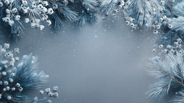 Nordic-inspired winter background, frosty pine branches and white berries along the corners, cool blue and silver palette, soft falling snow, serene and calm mood