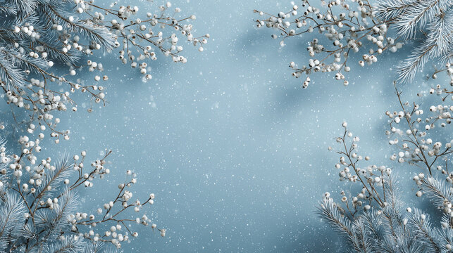 Nordic-inspired winter background, frosty pine branches and white berries along the corners, cool blue and silver palette, soft falling snow, serene and calm mood