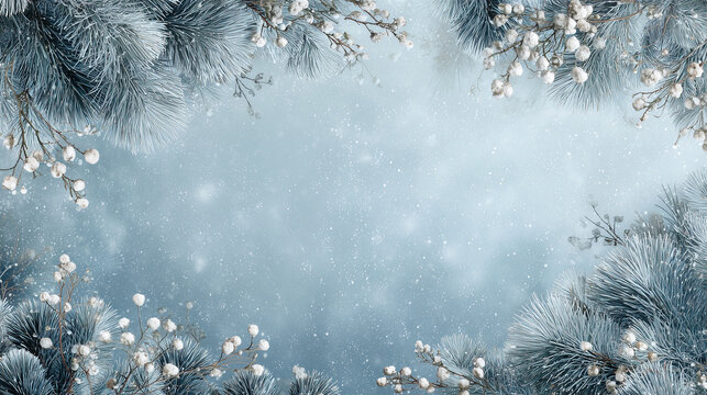 Nordic-inspired winter background, frosty pine branches and white berries along the corners, cool blue and silver palette, soft falling snow, serene and calm mood