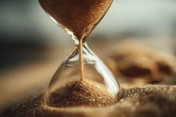 Macro Shot of Golden Sand Flowing in Hourglass Timer with Blurred Background