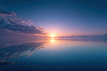 Majestic Ocean Reflection at Sunset with Cloudscape Vivid Skies and Tranquil Horizon a Breathtaking Display of Blue and Purple Hues in Nature's Palette