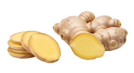 Fresh ginger root and slices isolated on a black background