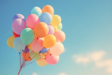 Pastel Balloons Floating Against a Bright Blue Sky Celebration Bunch of Colorful Helium Balloons in an Outdoor Setting Anniversary or Festive Event Photography