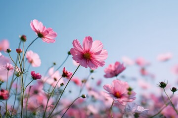 Pink Cosmos Flowers Blossom under Bright Blue Sky in a Lush Field Sunlight, Macro Shot of Delicate Petals and Detailed Centers with Blurred Background