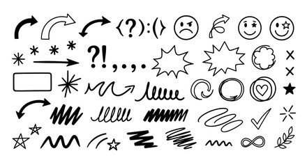 Hand-drawn doodle elements collection with arrows, stars, speech bubbles, and scribbles. Sketchy infographic symbols and abstract ZKLHVBHISUV shapes (15)