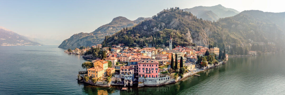 Aerial panoramic of Varenna on lake Como
