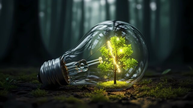 Sustainable Green Energy Concept Lightbulb with Glowing Tree Inside