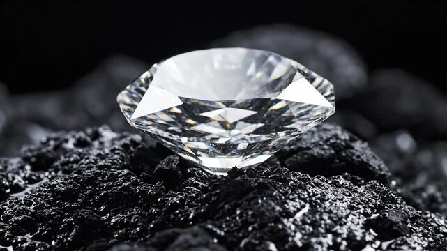 Sparkling brilliant cut diamond gemstone on raw dark coal material