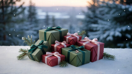 Isolated Christmas tree with red and gold gift boxes and ribbons under a holiday decoration for a winter celebration