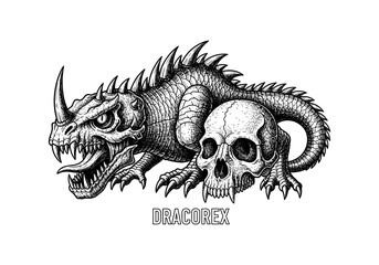 Detailed black and white monster with skull design in vintage style