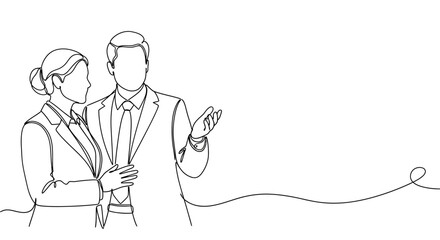 A continuous single line drawing of professional business partners, a man and a woman in suits, actively discussing a new project strategy