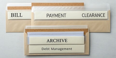 Organized Filing System for Financial Documents Featuring Bill, Payment, Clearance, and Archive Labels for Debt Management
