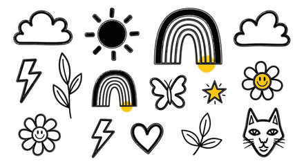 A cute collection of hand-drawn doodle icons featuring a rainbow, sun, cat face, and other simple graphic elements for design ZKLHVBHISUV