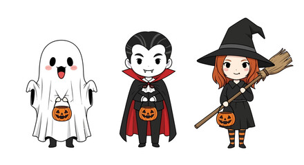 A charming collection of cute cartoon children in Halloween costumes, featuring a ghost, vampire, and witch with candy buckets. This vector illustration set is perfect for festive holiday designs
