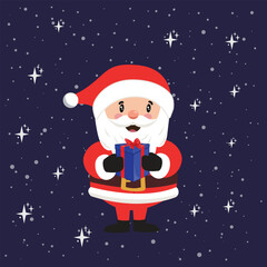 Cute Cartoon Santa Claus Holding Blue Gift Box in Snow