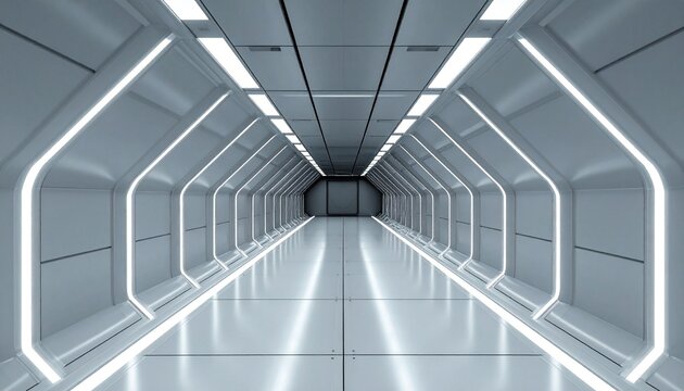 Futuristic illuminated corridor with bright white LED lights creating a symmetrical perspective effect, sci-fi architecture concept