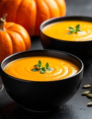 Two bowls of orange soup, garnished with herbs, and pumpkins